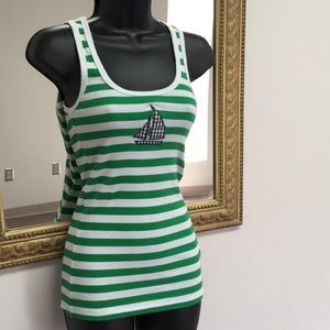 J. crew favorite tank green white striped boat appliqué S